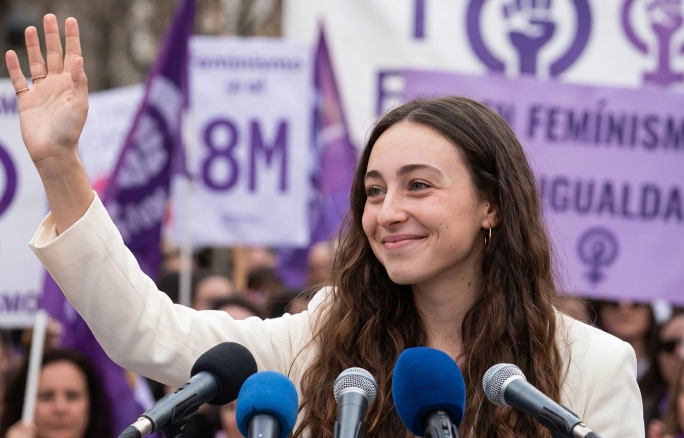 Anabel Bejarano, candidata de Con Nosotras, saluda sonriente desde un atril durante un acto feminista